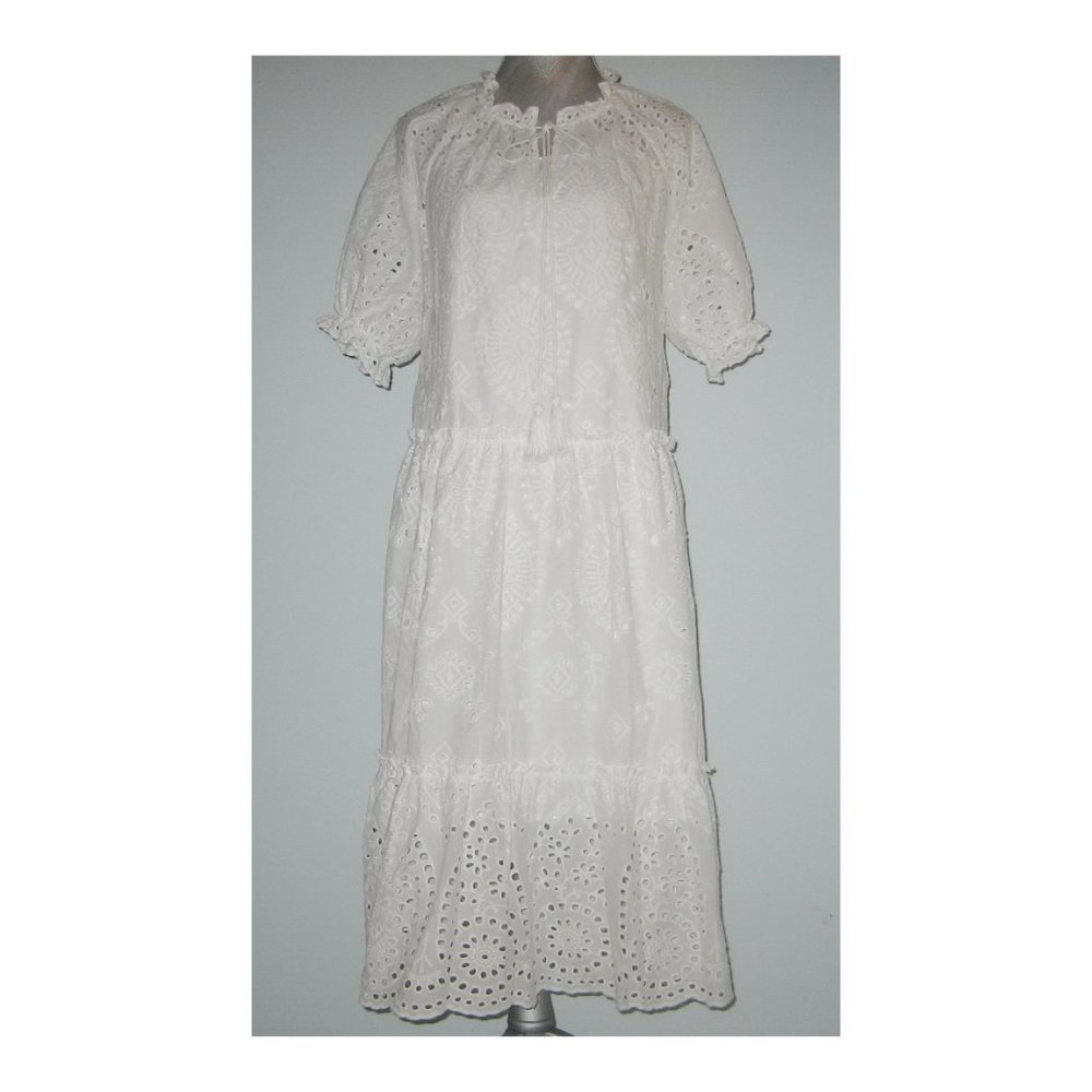 NWT O.P.T. Tiered Skirt Cotton EYELET Midi Dress Women Size M White MSRP $155